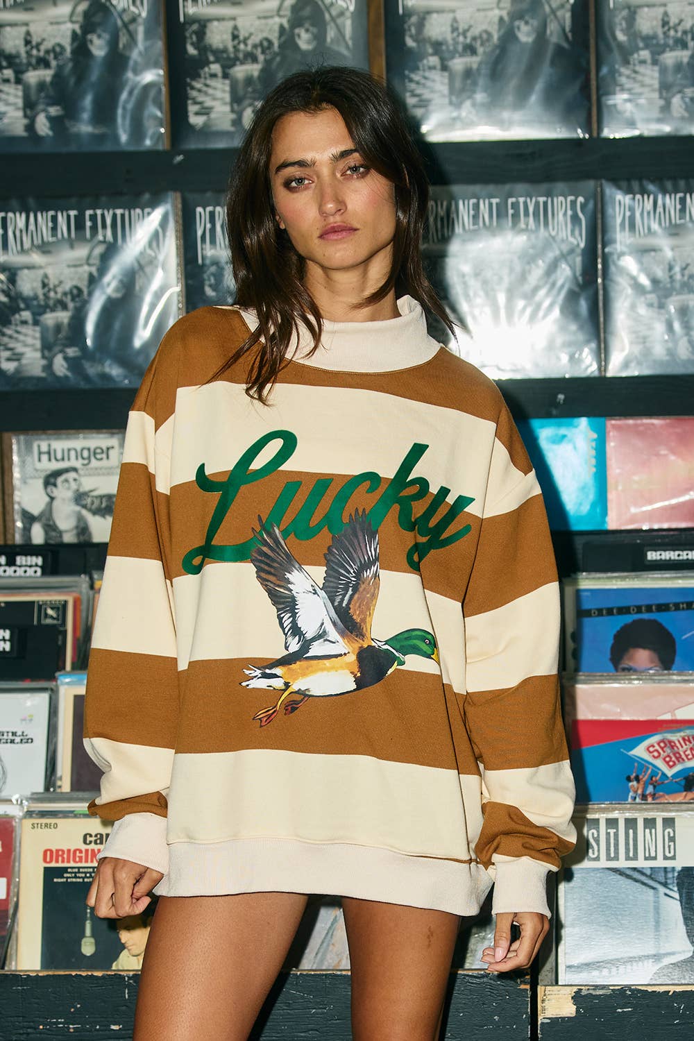 ** Preorder**Lucky Mallard Duck Mock-Neck Sweatshirt Camel