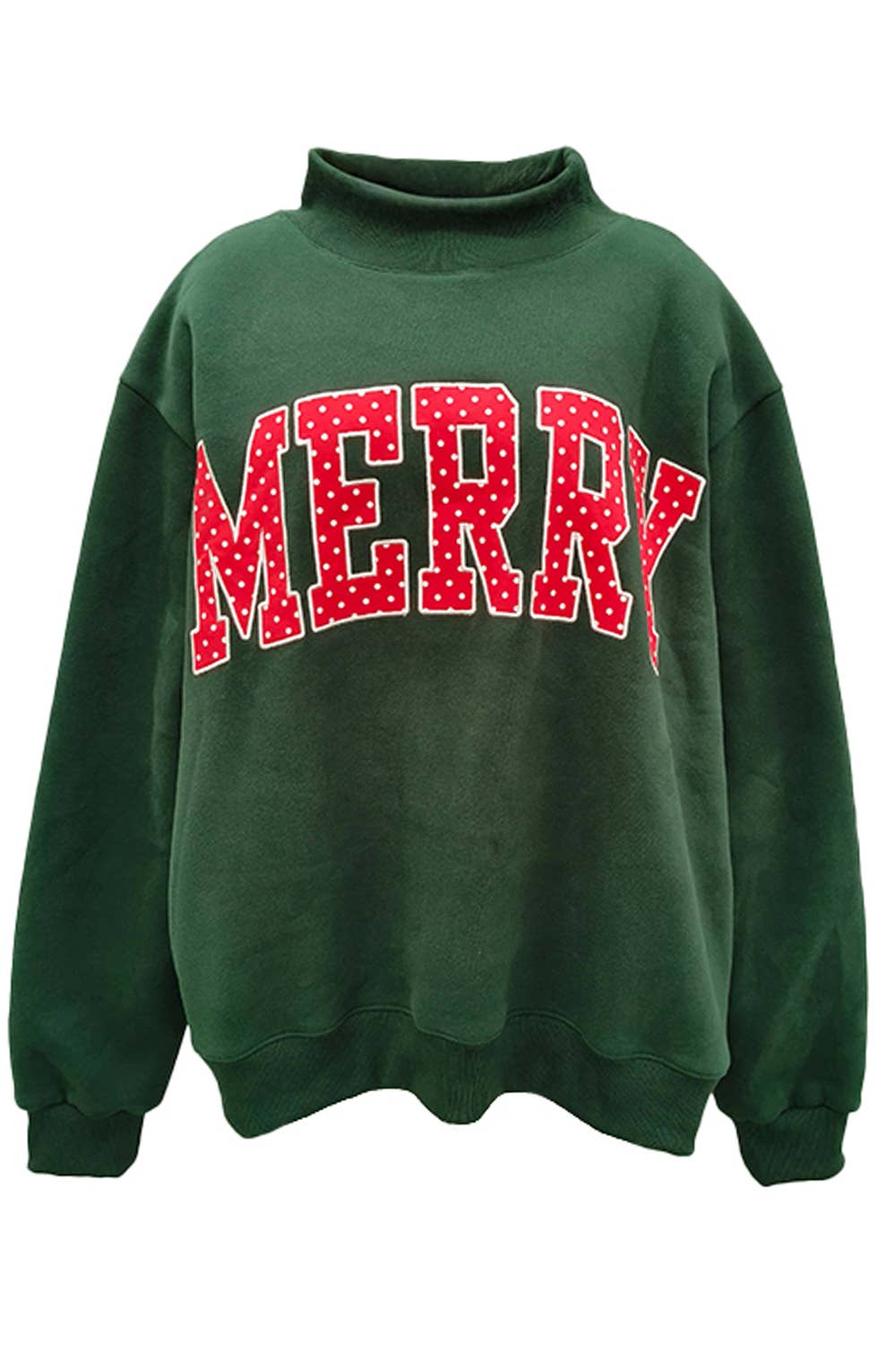 "MERRY" Polka-Dot Mock-Neck Sweatshirt: HUNTER GREEN