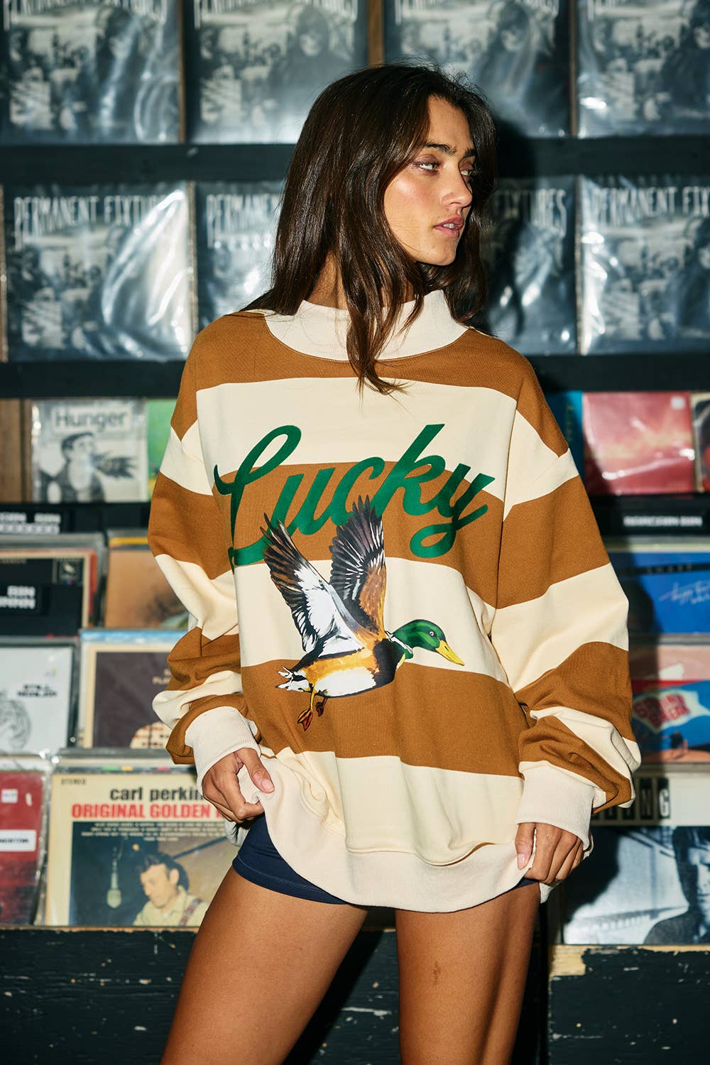 ** Preorder**Lucky Mallard Duck Mock-Neck Sweatshirt Camel