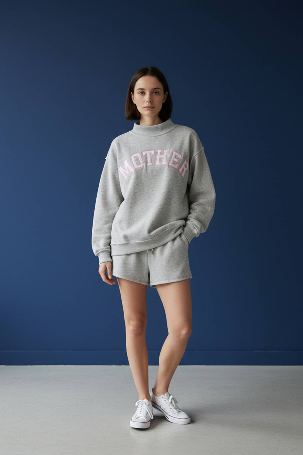 'MOTHER' Embroidered Mock Neck Sweatshirt : GREY/PINK