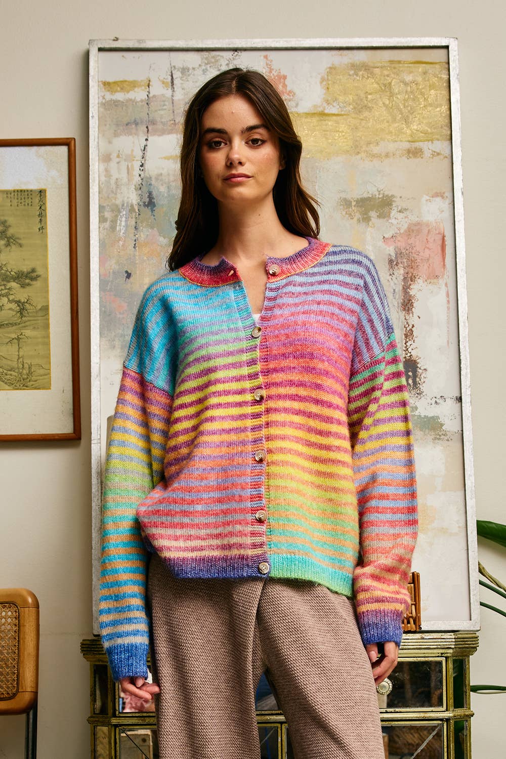Space-Dye Striped Button-Down Cardigan: RAINBOW
