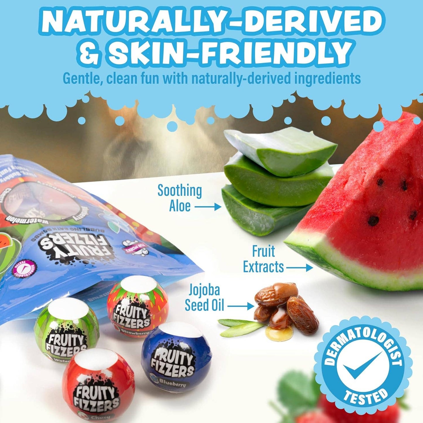 Tub Works® Fruity Fizzers™ Bubbling Bath Bombs for Kids, Variety 12 Pack | Dye-Free & Naturally-Derived
