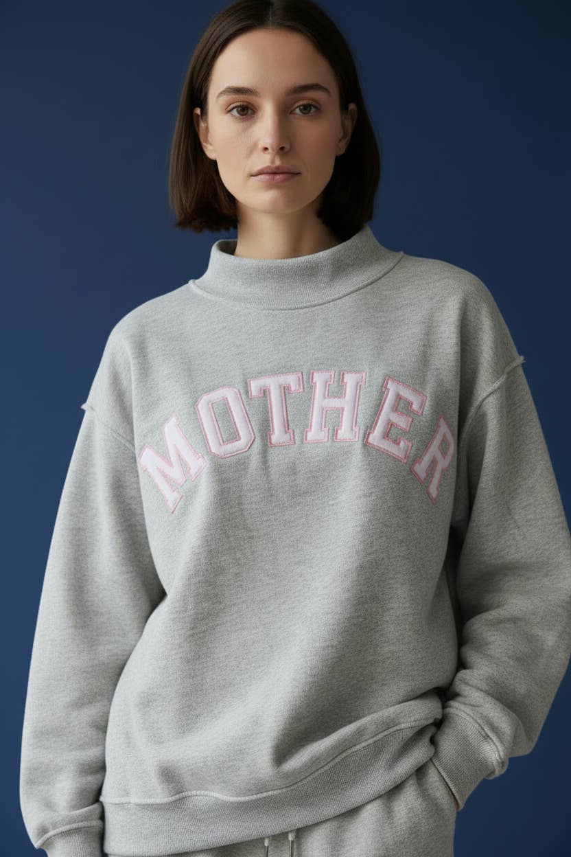 'MOTHER' Embroidered Mock Neck Sweatshirt : GREY/PINK