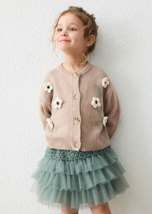 Girl Floral Knit Cardigan- Tan