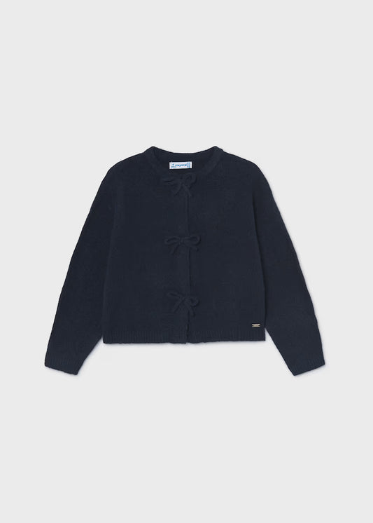 Girl Knit Cardigan With Bows- Navy