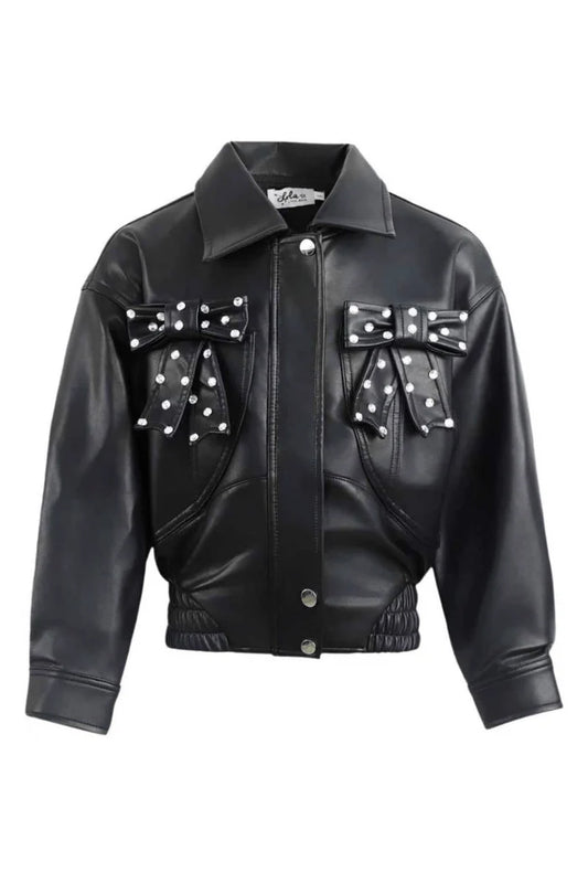 STUDDED BOW VEGAN LEATHER JACKET - Lola and the Boys