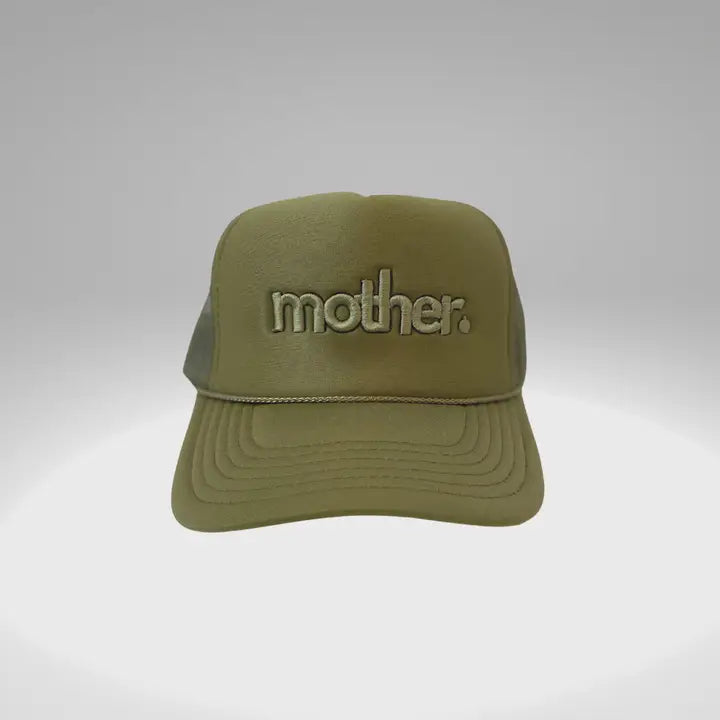 "Mother." Embroidered Trucker Hat- Olive