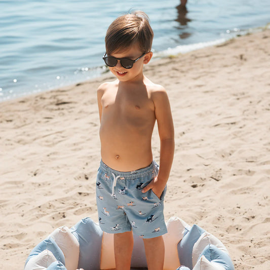 Surfing Pups Print on Blue Swim Trunks