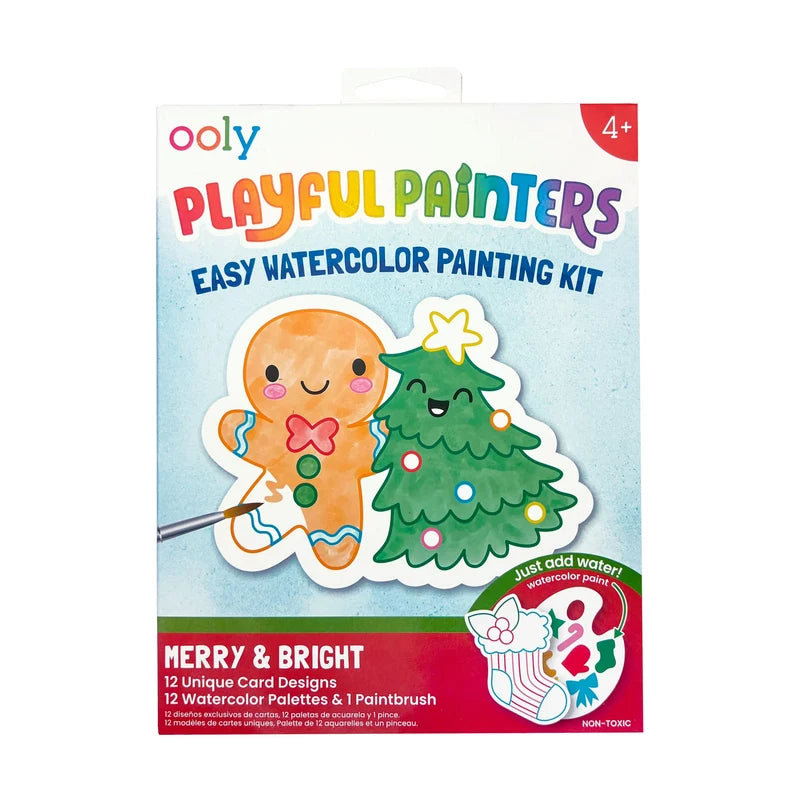 Playful Painters Easy Watercolor Painting Kit - Merry & Bright - 12 Cards 12 Palettes 1 Paintbrush - OOLY