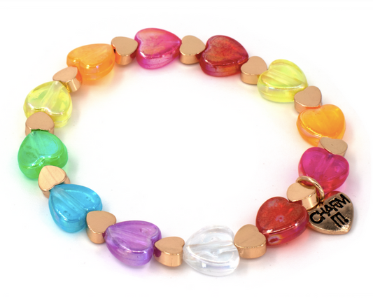 Gold Rainbow Heart Bead Stretch Bracelet - Charm Its